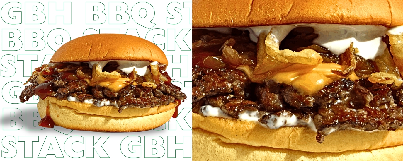smashed beef, American cheese, caramelised onions, crispy onion strings, ranch, barbecue, potato bun.