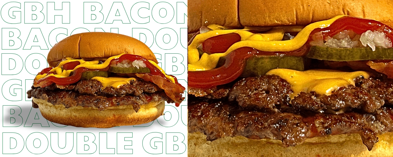 smashed beef, American cheese, 3 streaky bacon, diced onion, pickles, ketchup, mustard, potato bun.