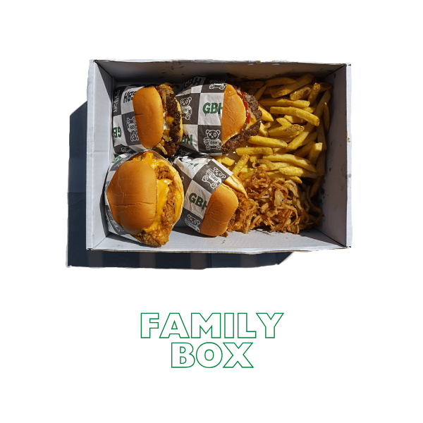 4 burgers, fries and onion strings with a free bottle of coke or diet coke