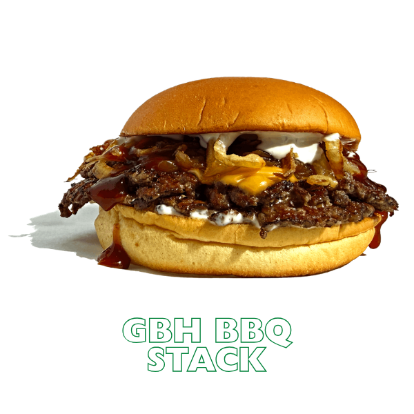 smashed beef, American cheese, caramelised onions, crispy onion strings, ranch, barbecue, potato bun.