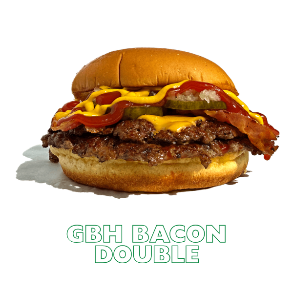 smashed beef, American cheese, 3 streaky bacon, diced onion, pickles, ketchup, mustard, potato bun.
