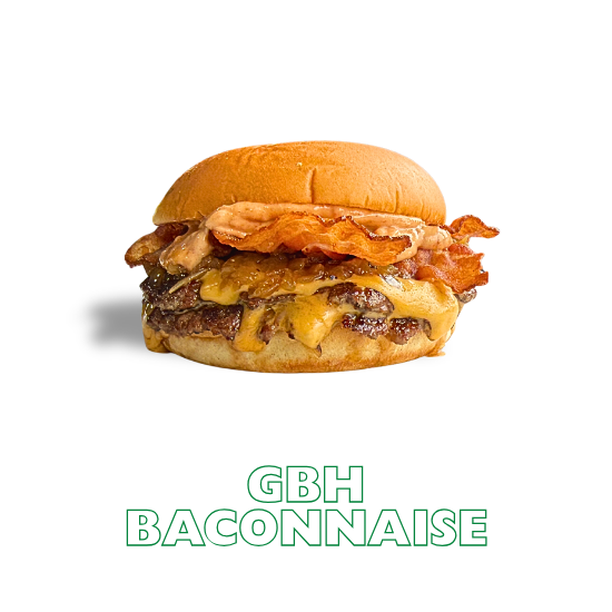 GBH Baconnaise burger with our house baconnaise, crispy bacon, caramelised onions and American cheese.