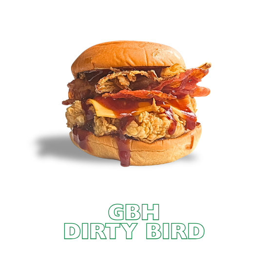 Our mega stacked fried chicken sandwich with American cheese, crispy bacon, barbecue sauce and crispy fried onions.