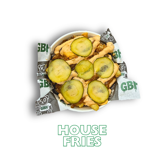 our house fries with American cheese, caramelised onions, GBH house sauce and pickles.
